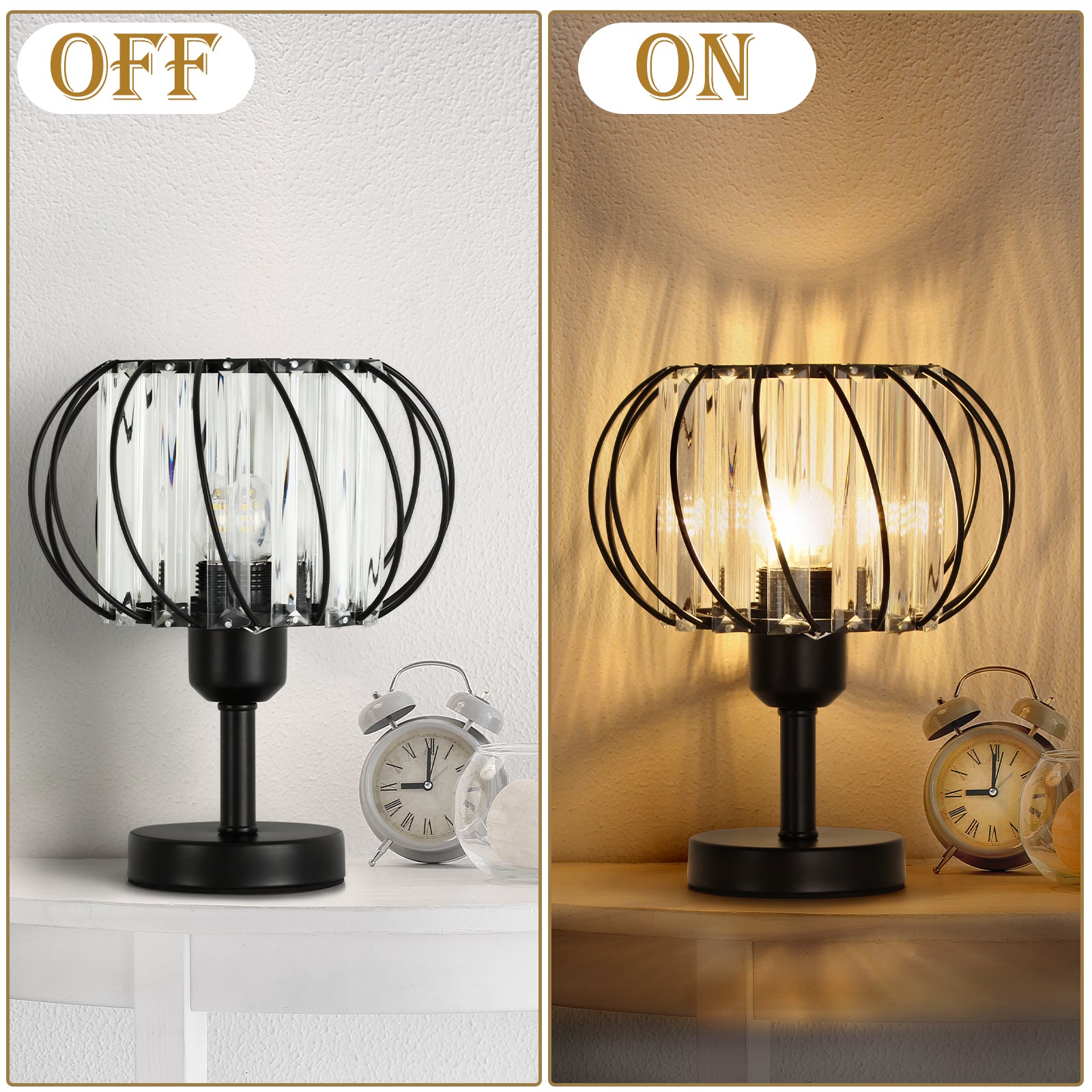 Set of 2 Elegant Crystal Nightstand Lamps, Modern Small Black Metal Base Desk Lighting for Bedroom, Living Room, and Office Reading