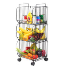 3-Tier Rolling Pantry Floor Organizer Storage Basket, Stackable 3 Tier Metal Wire Basket with Wheels, Kitchen Storage Bin Organizer, Utility Cart Rack for Pantry Coutertop Bedroom Bathroom