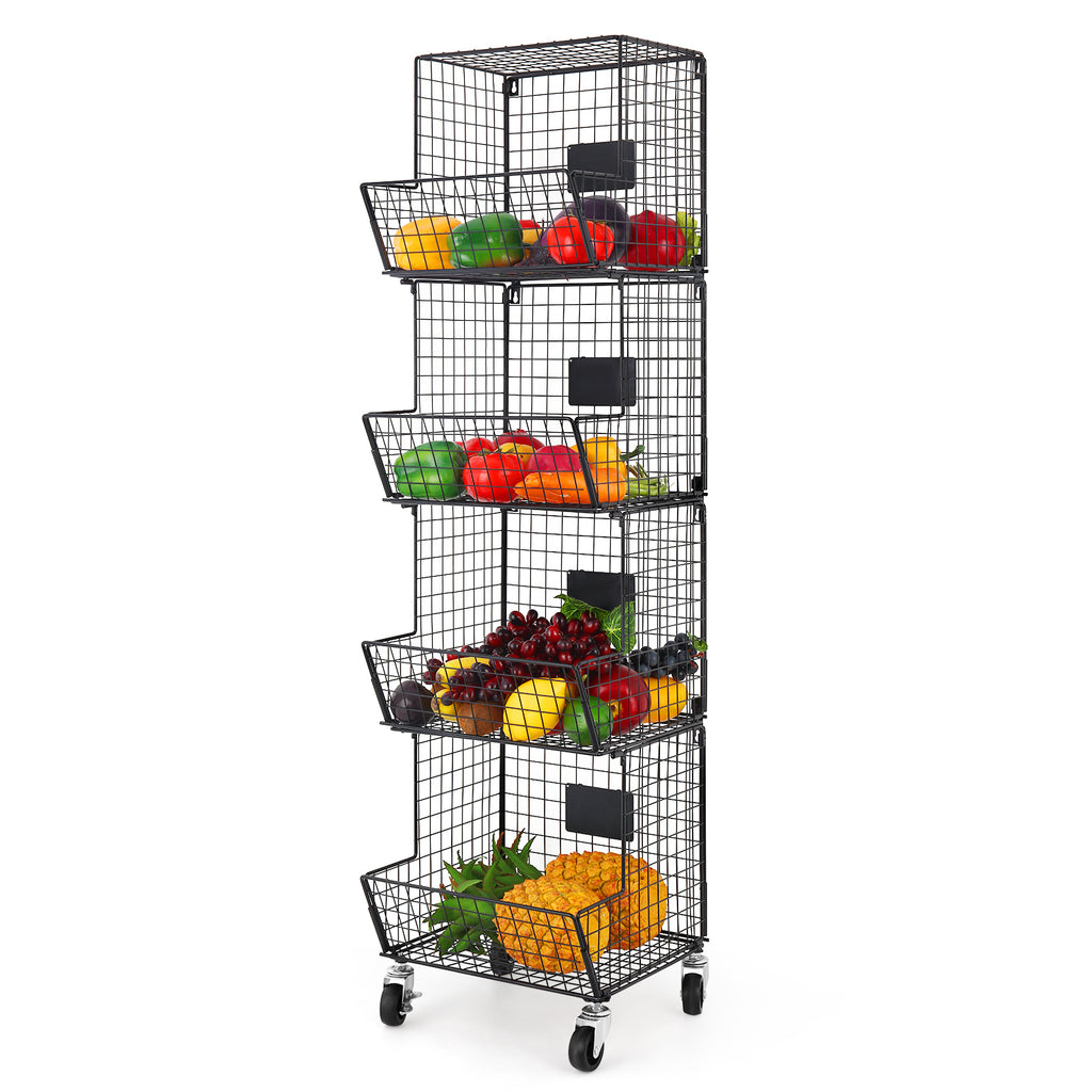 4-Level Wall-Mounted Metal Wire Produce Organizer with Rolling Wheels and Chalkboards, Black Stackable Storage Rack for Kitchen and Bathroom