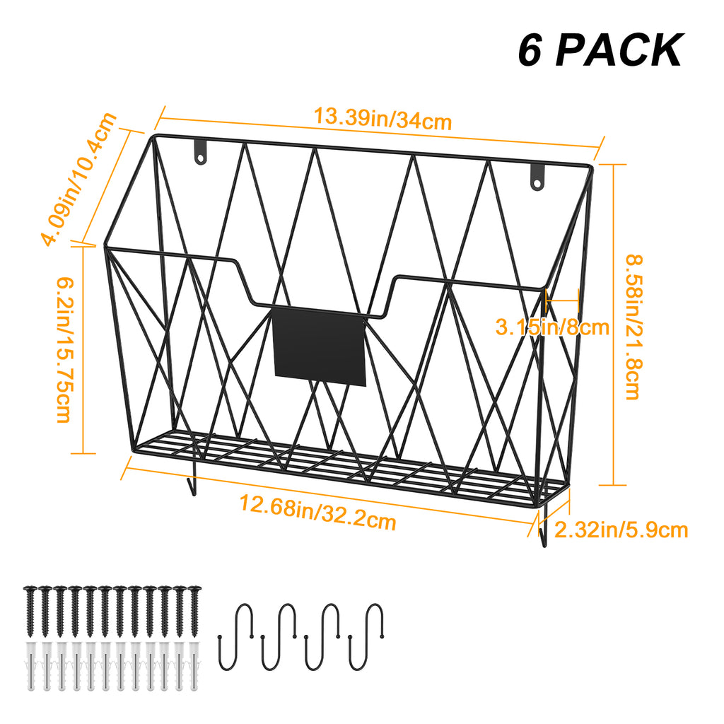 6 Pack Mesh Wall File Organizer - Hanging Wire Magazine Rack & Mail Holder with Hooks