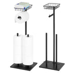 Two Pack Black Double Storage Rods with Basket Shelf, Freestanding Toilet Paper Holder, Holds 3 Rolls of Toilet Paper Rustproof Design, Non-Slip Stable Base