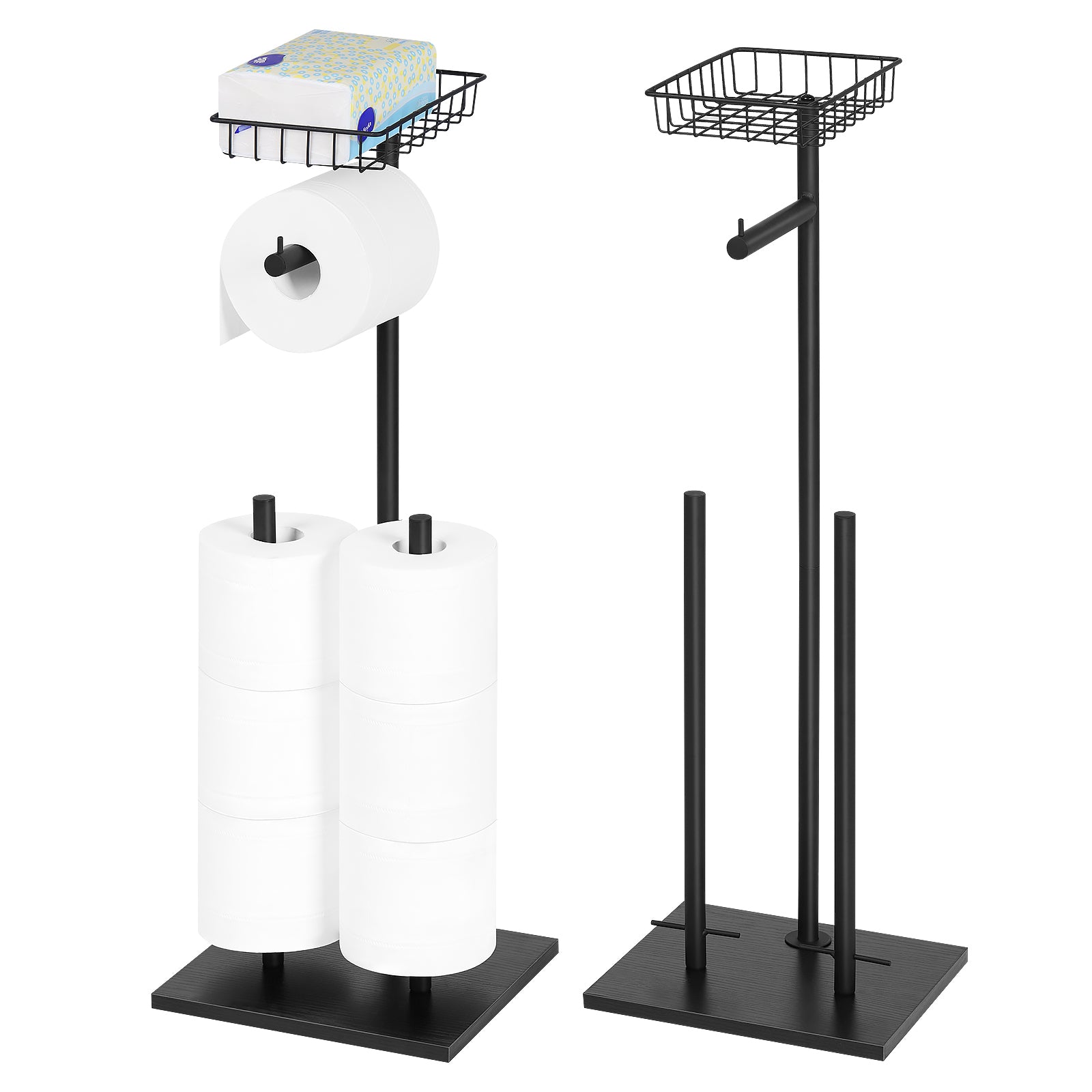 Two Pack Black Double Storage Rods with Basket Shelf, Freestanding Toilet Paper Holder, Holds 3 Rolls of Toilet Paper Rustproof Design, Non-Slip Stable Base