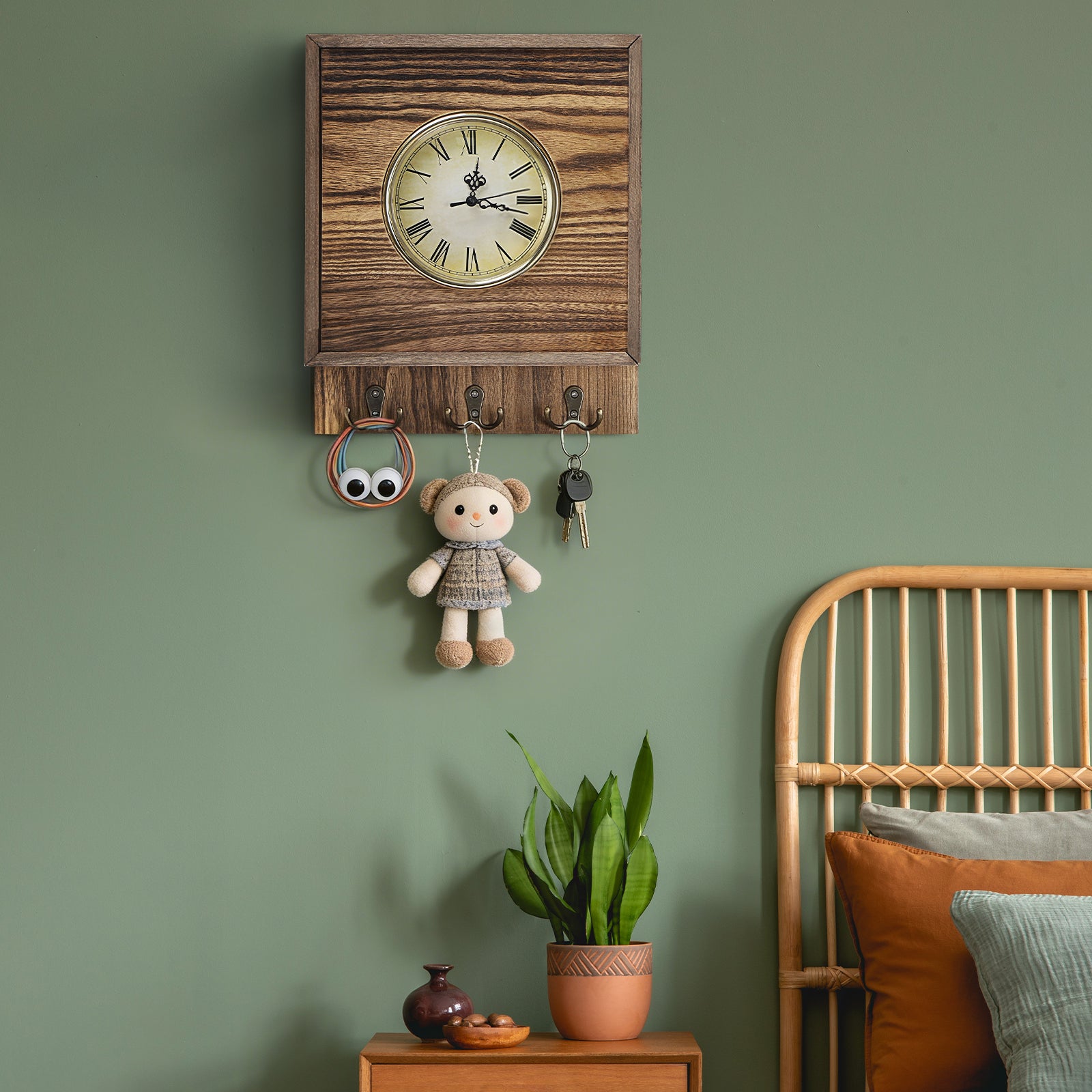 Vintage Wooden Wall Clock with Hidden Storage & Key Hooks, Silent Non-Ticking Roman Numeral Clock for Entryway & Home Decor