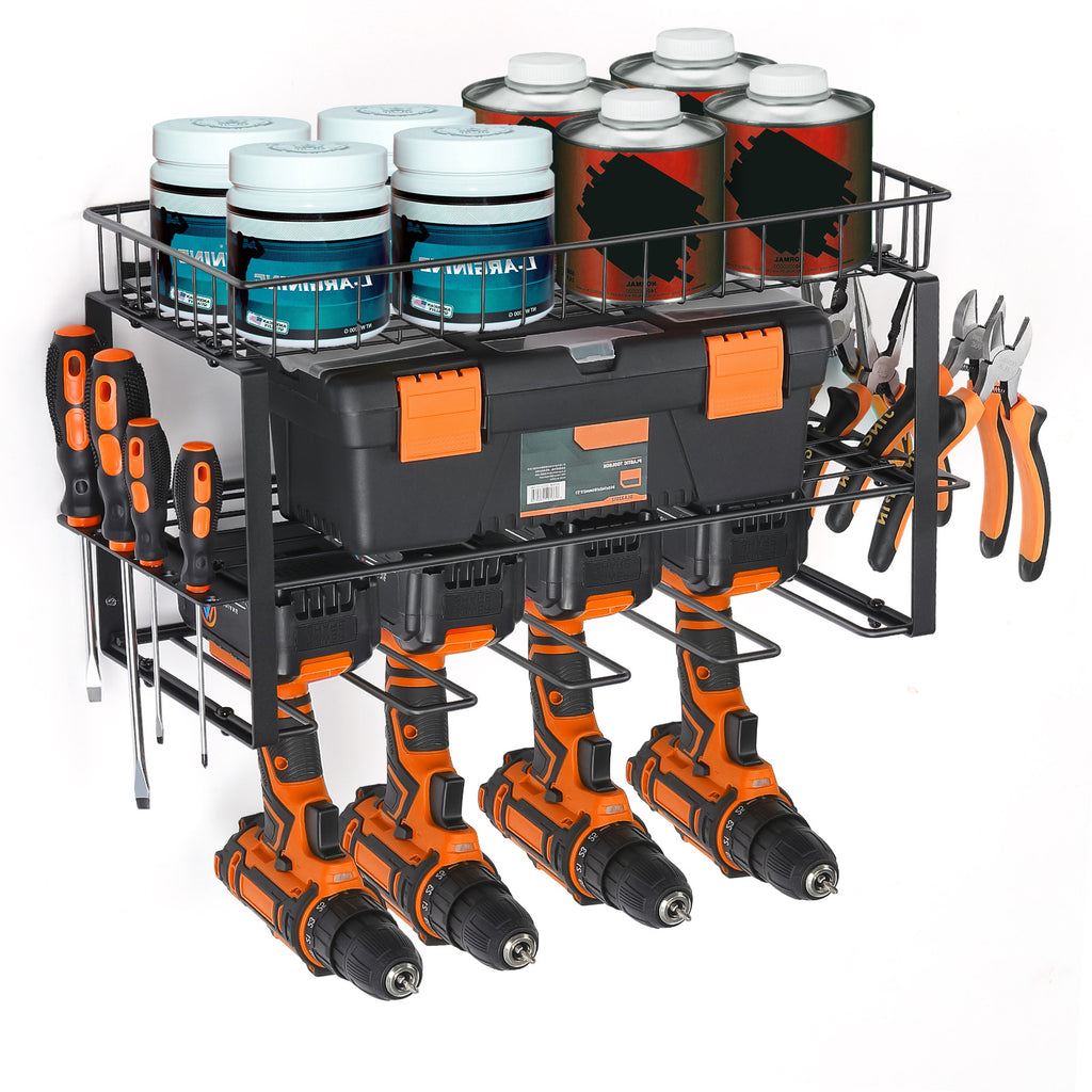 Garage Workshop Wall Tool Organizer, Rustproof Metal Drill Storage Rack, Multi-Purpose Hand & Power Tool Hanging Shelf
