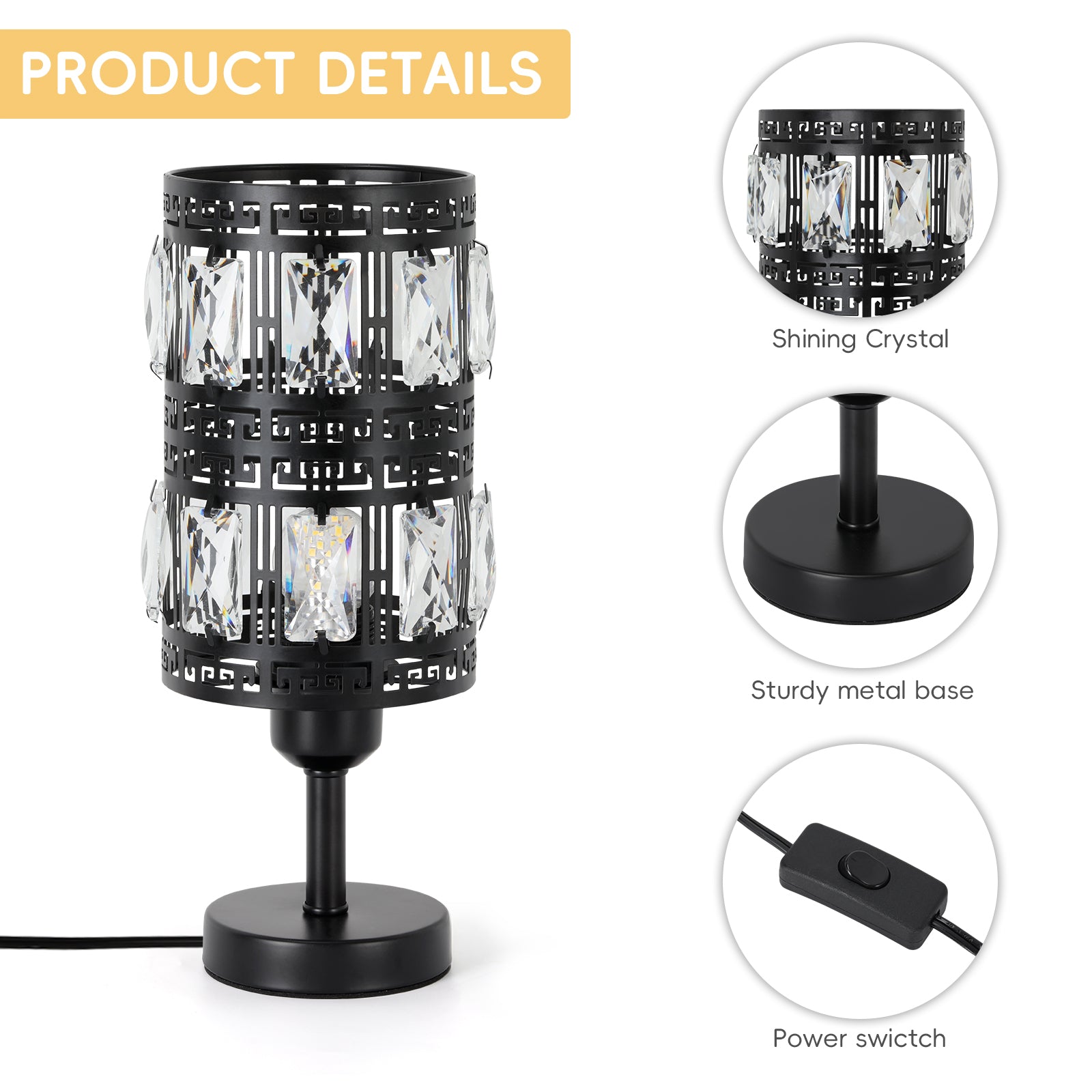 Noir Glamour Crystal Table Lamps | Set of 2 Retro Nightstand Lamps with Precision-Cut Facets