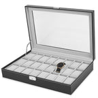 Large 24-Slot Men's Watch Display Case with Secure Lock and Clear Viewing Lid in Black Synthetic Leather