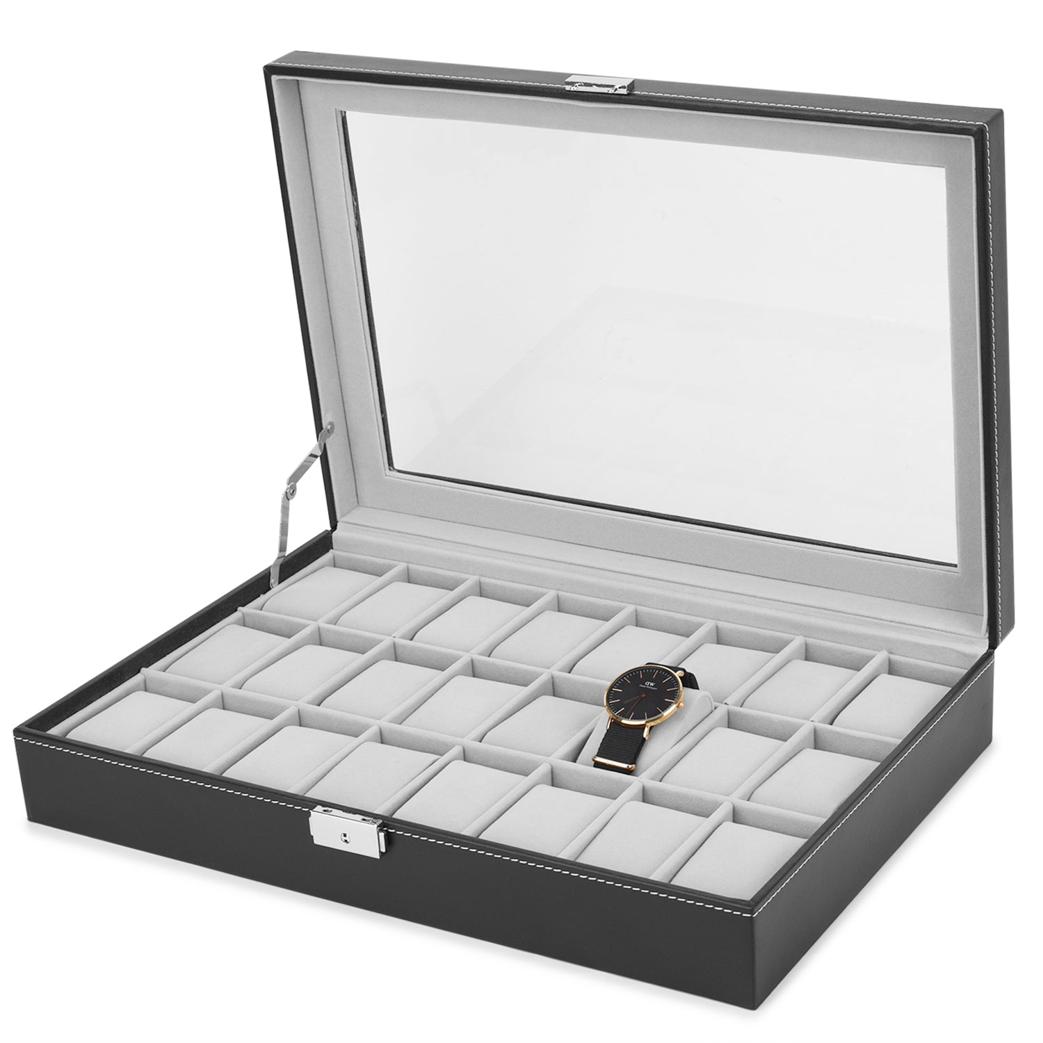 Large 24-Slot Men's Watch Display Case with Secure Lock and Clear Viewing Lid in Black Synthetic Leather