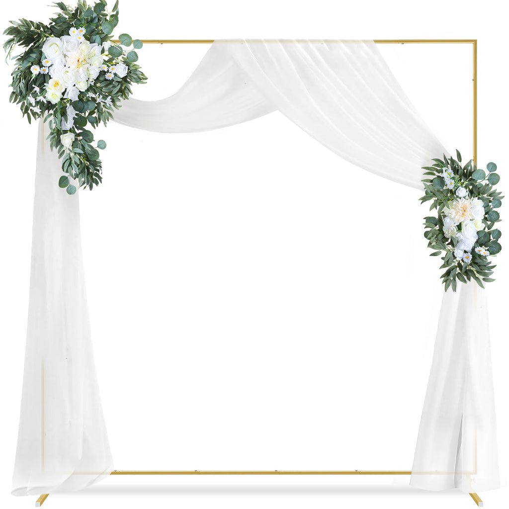 6.6 Ft Square Round Tube Wedding Arch in Gold with Floral Decoration, Wedding Arch Garland Flowers and Valance Kit, Square Background Curtain Stand for Parties, Birthday Ceremonies, Home Decorations