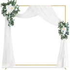 6.6 Ft Square Round Tube Wedding Arch in Gold with Floral Decoration, Wedding Arch Garland Flowers and Valance Kit, Square Background Curtain Stand for Parties, Birthday Ceremonies, Home Decorations