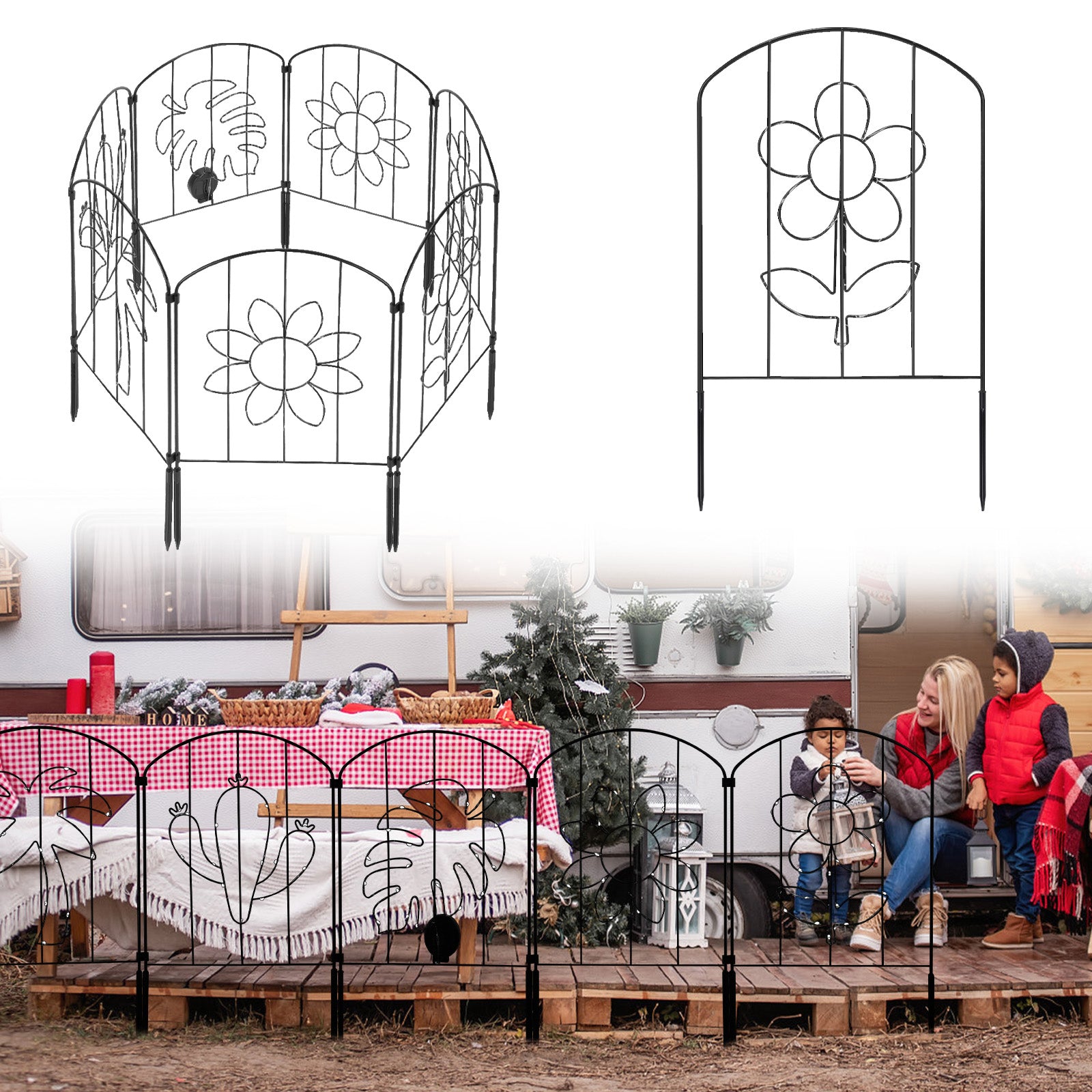 10 Pcs Garden Fencing Animal Barrier with Mini Solar Powered LEDs, Decorative Outdoor Fences and Borders with Flower Pattern & String Lights, Flower Bed, Patio, Square, Rustproof Metal Fence Panel