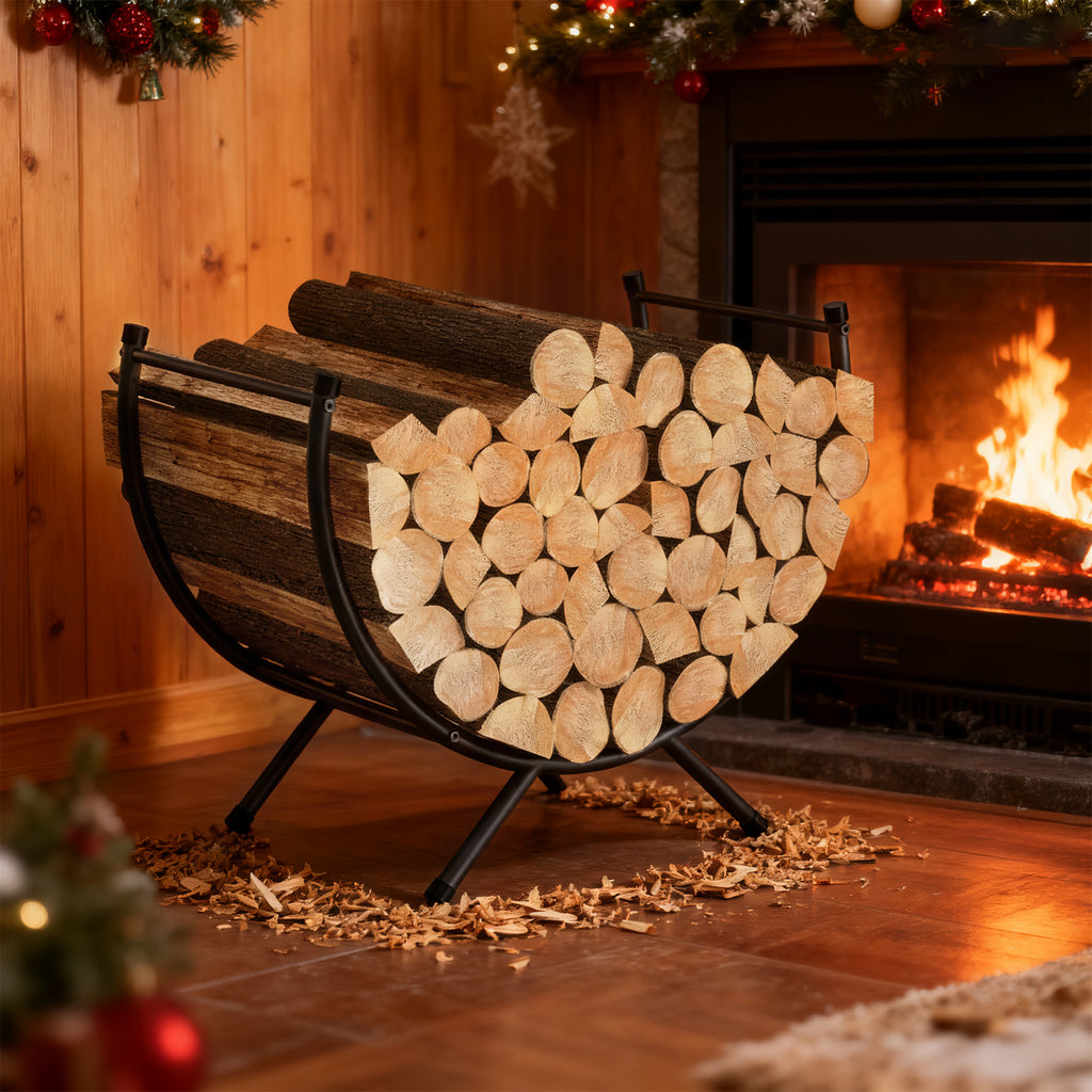 24-Inch Curved Firewood Rack - Small Powder-Coated Metal Fireplace Log Holder, Black