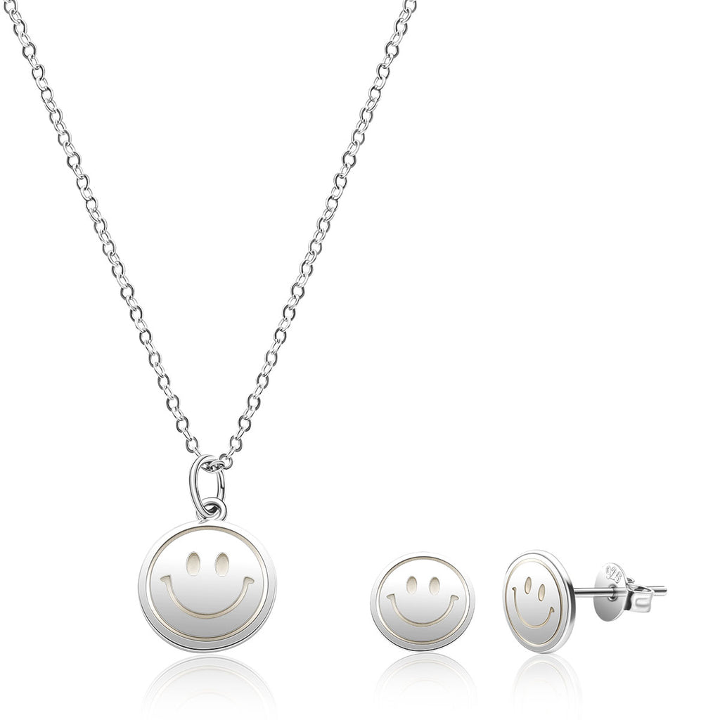 White Plated Happy Face Jewelry Set Featuring Necklace and Earrings, Stylish Summer Gift for Women and Teen Girls
