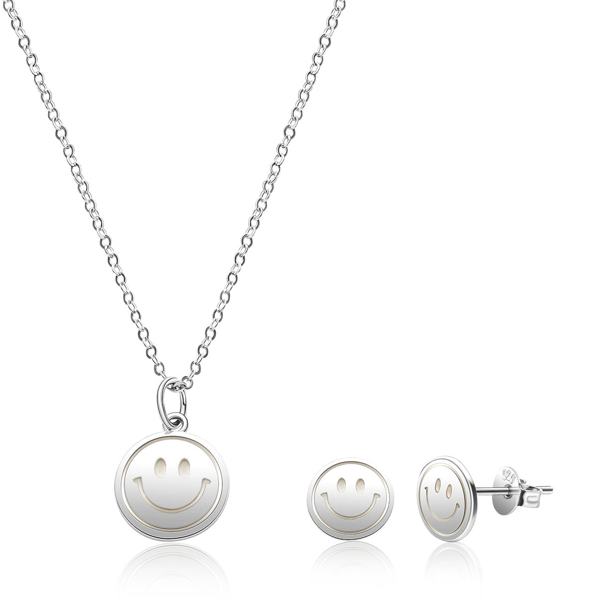 White Plated Happy Face Jewelry Set Featuring Necklace and Earrings, Stylish Summer Gift for Women and Teen Girls
