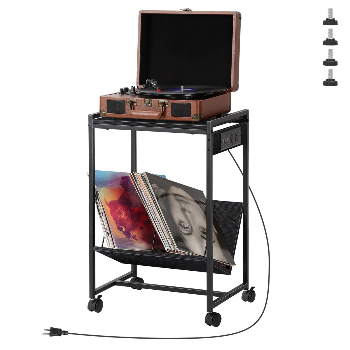 Rolling Record Player Stand with Charging Station, Grey End Table with Vinyl Record Storage, Turntable Stand with USB Ports for Living Room, Bedroom