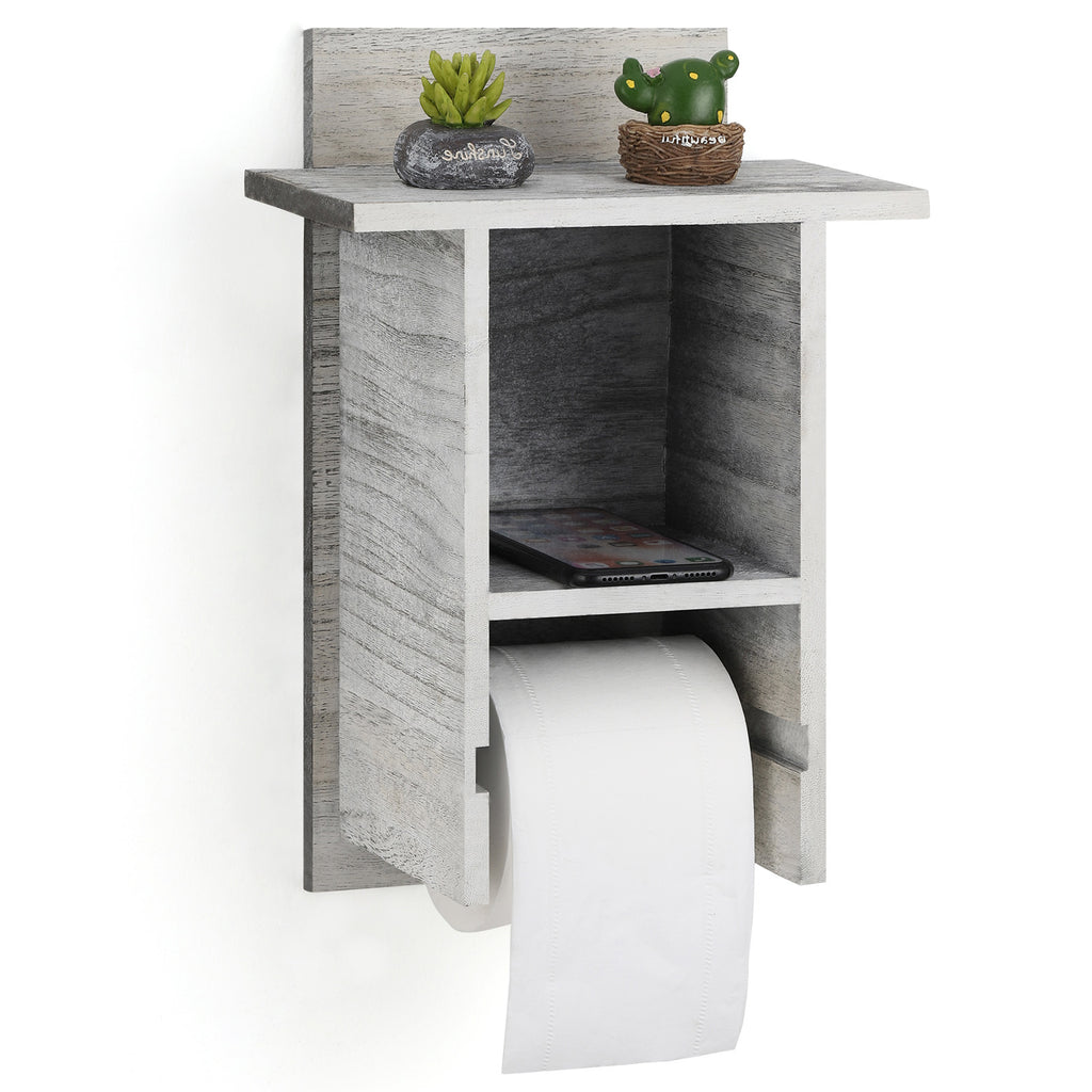 Wall-Mounted Timber Bathroom Tissue Stand with Integrated Storage Surface