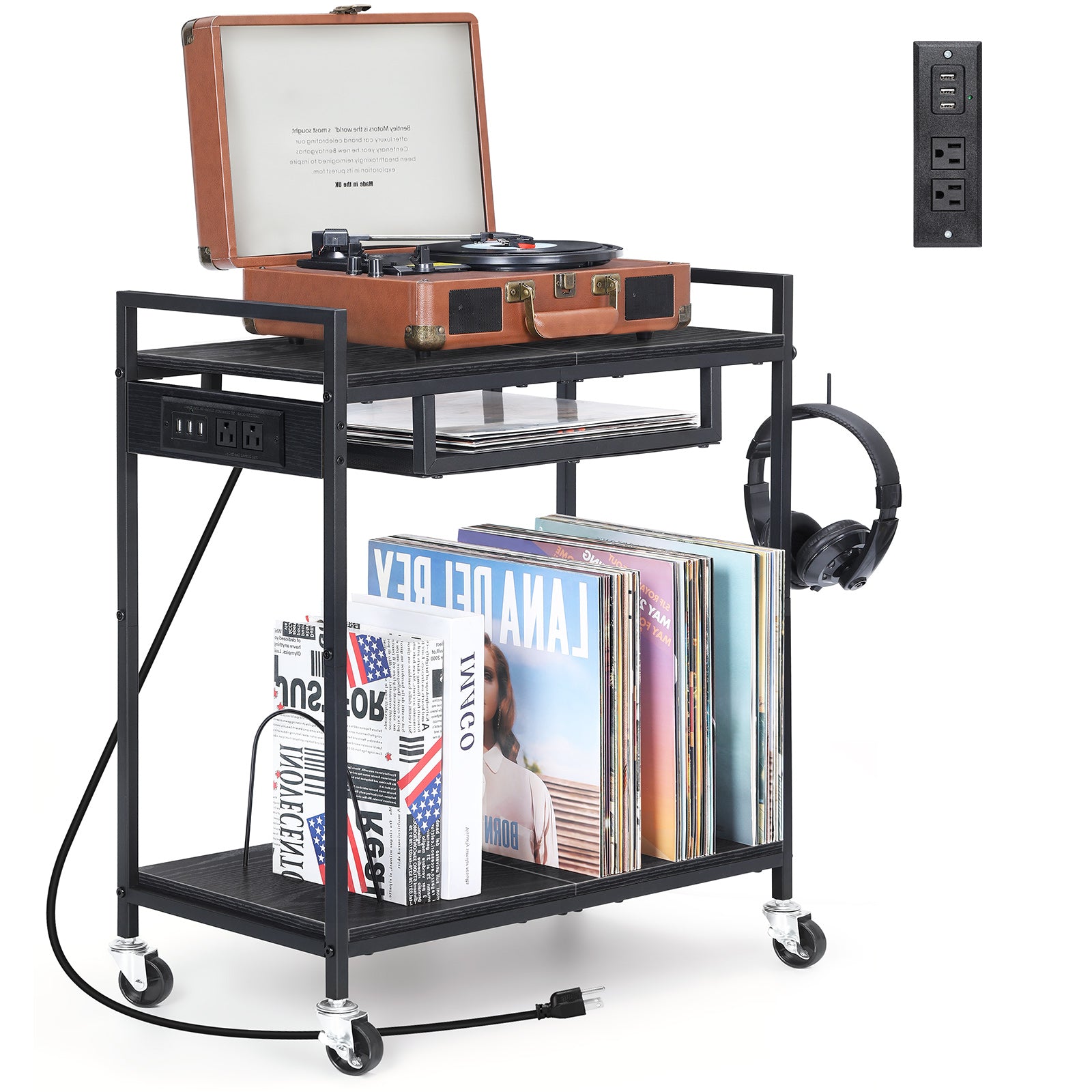 Record Player Stand, Turntable Stand with Charging Station, 3 Tier Record Player Table with 4 Quick-Release Divider, Vinyl Record Stand Storage with 4 Wheels, for Bedroom Living Room and Office, Gray