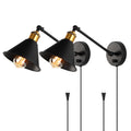 Set of 2 Adjustable Swing Arm Wall Sconces, Dimmable Plug-In Mounted Lighting Fixtures in Black and Brass for Bedroom or Living Room (Bulbs Not Included)