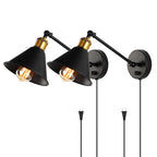 Set of 2 Adjustable Swing Arm Wall Sconces, Dimmable Plug-In Mounted Lighting Fixtures in Black and Brass for Bedroom or Living Room (Bulbs Not Included)