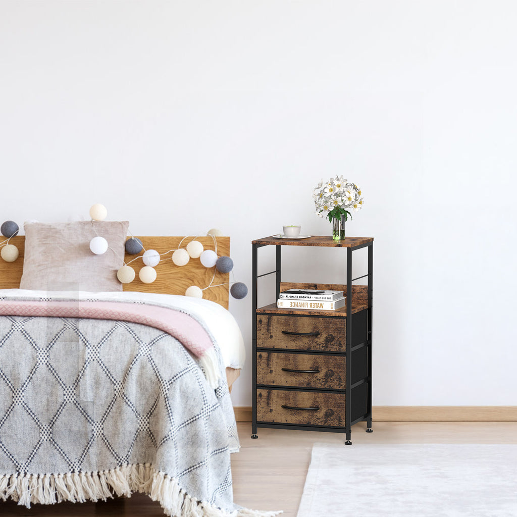 Bedside Table with Fabric Drawers - Industrial Nightstand for Bedroom & Dorm, Black/ Rustic Brown/White