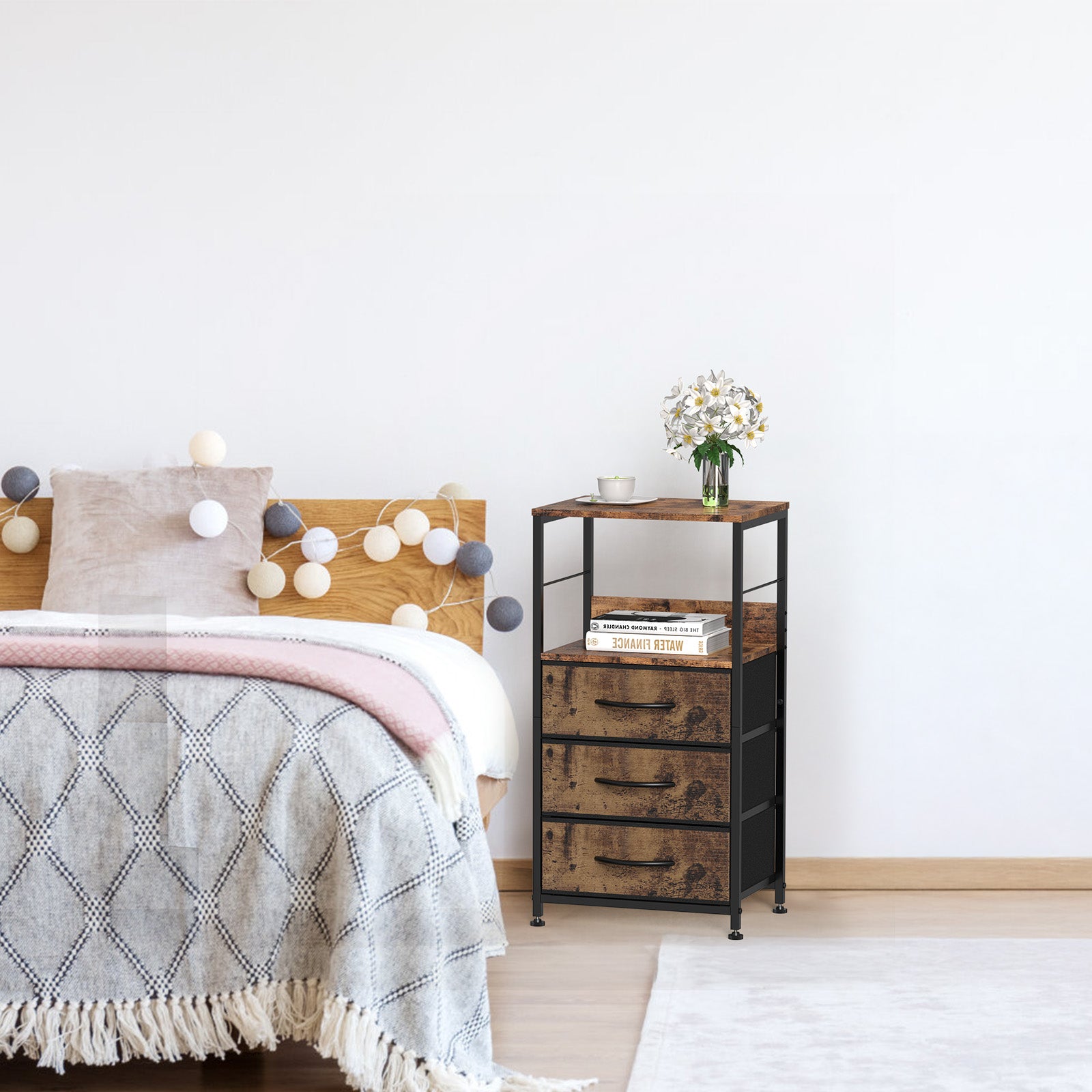 Bedside Table with Fabric Drawers - Industrial Nightstand for Bedroom & Dorm, Black/ Rustic Brown/White