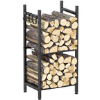 Heavy Duty Fireplace Log Rack (31.5" H) - 2-Tier Wrought Iron Firewood Holder with 4 Tool Hooks, Black