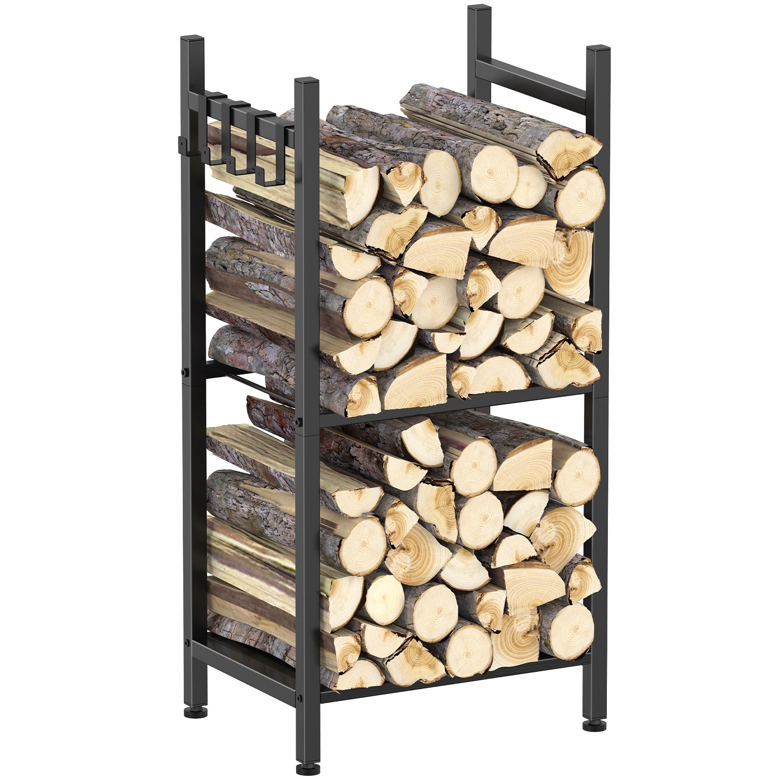 Heavy Duty Fireplace Log Rack (31.5" H) - 2-Tier Wrought Iron Firewood Holder with 4 Tool Hooks, Black