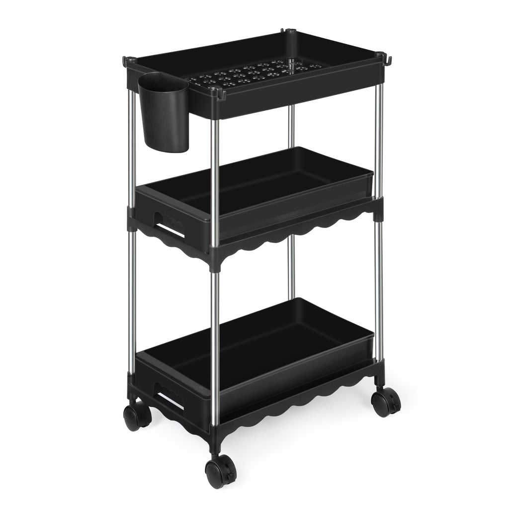3 Tier Rolling Cart Organizer, Plastic Rolling Cart with Lockable Wheels, Laundry Room Bathroom Organizers and Storage Mobile Shelving Unit for Kitchen Bathroom Living Room Office