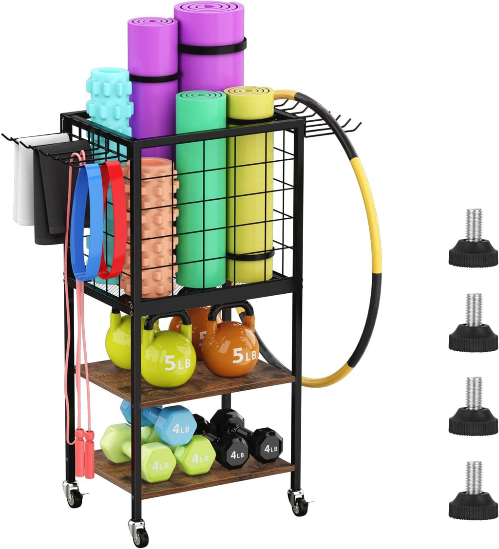 Home Gym Storage Rack - 3-Tier Wooden Dumbbell Rack, Yoga Mat Holder w/ Wheels & Hooks, Black