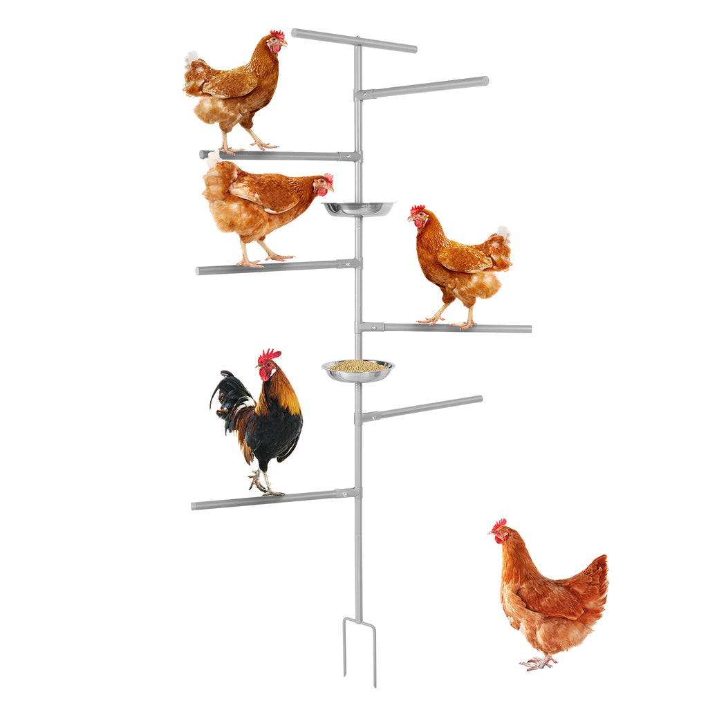 8-Tier Metal Chicken Roosting Bar with 2 Feeders, Ground-Inserted Iron Perch Stand for Poultry Coops