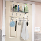 Over-the-Door Organizer Rack with 5 Hooks & Mesh Basket - Multi-Purpose Storage Shelf for Pantry & Bath