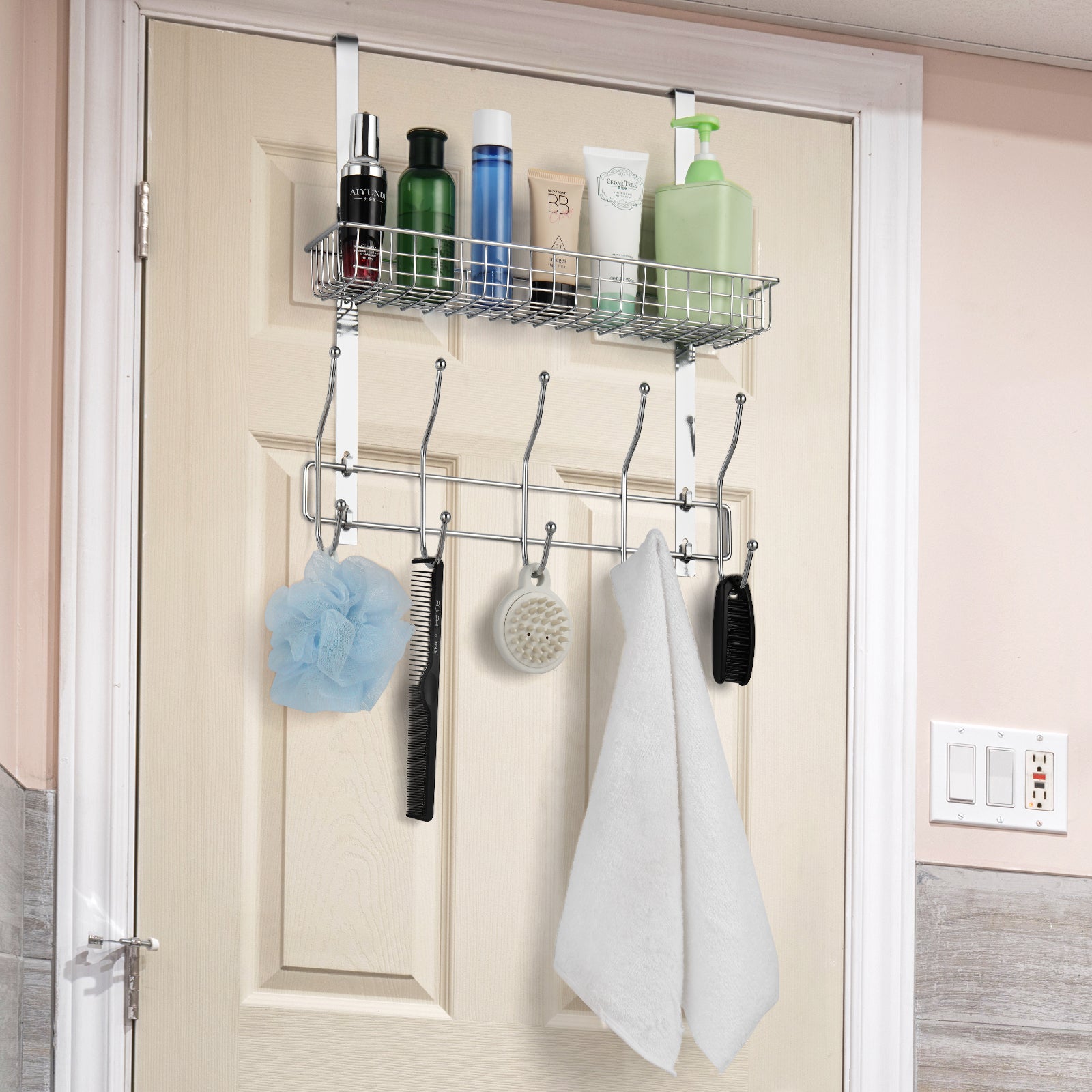 Over-the-Door Organizer Rack with 5 Hooks & Mesh Basket - Multi-Purpose Storage Shelf for Pantry & Bath