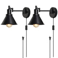 Set of 2 Retro Industrial Wall Lamps with Plug and Switch - Black Metal Sconce Lighting for Bedroom and Living Areas - Simple No-Hardwire Installation