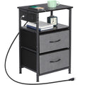 Compact Bedside Table with Power Outlets, Two Fabric Storage Drawers, and Open Shelf, Industrial Black Side Table for Small Bedrooms and Living Spaces