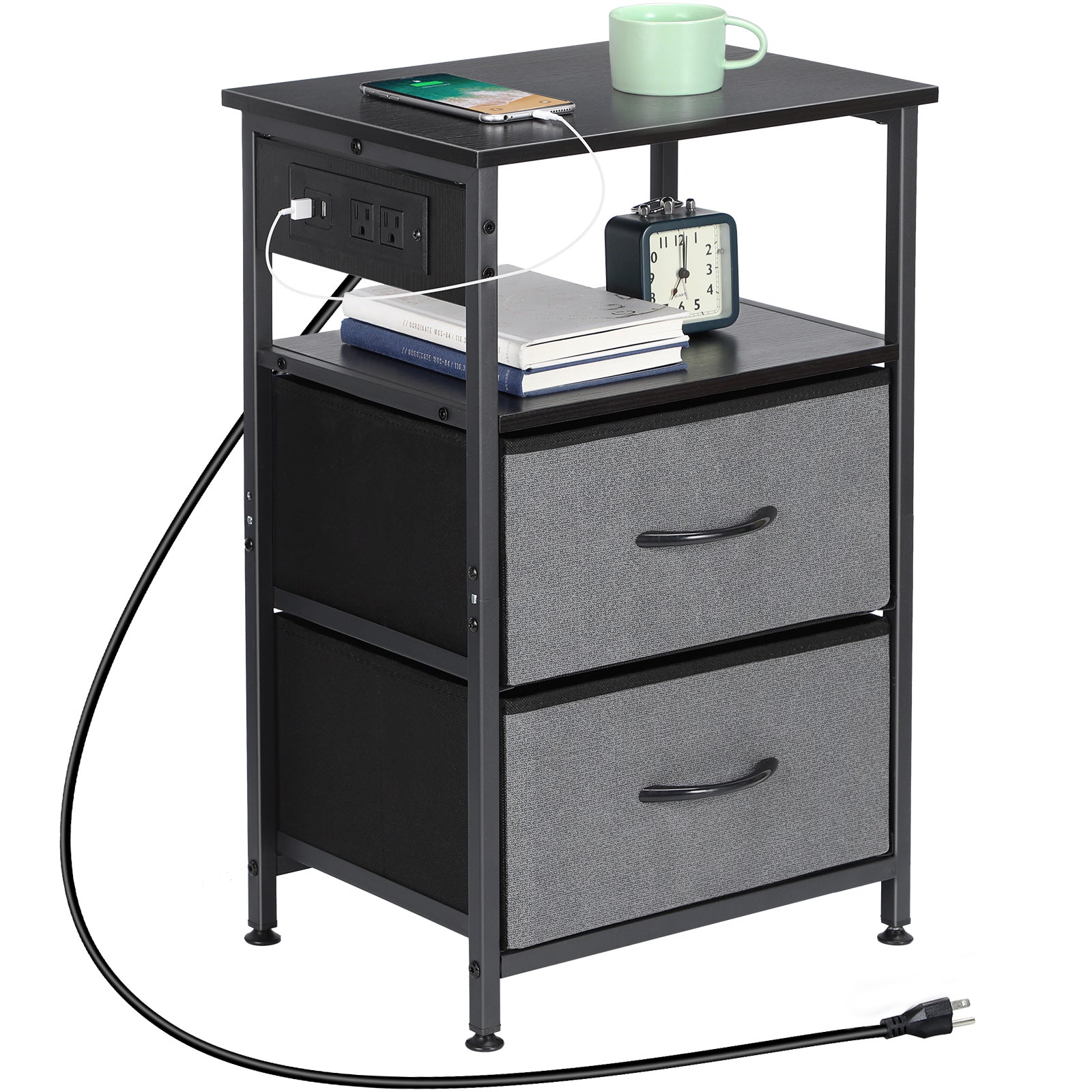 Compact Bedside Table with Power Outlets, Two Fabric Storage Drawers, and Open Shelf, Industrial Black Side Table for Small Bedrooms and Living Spaces
