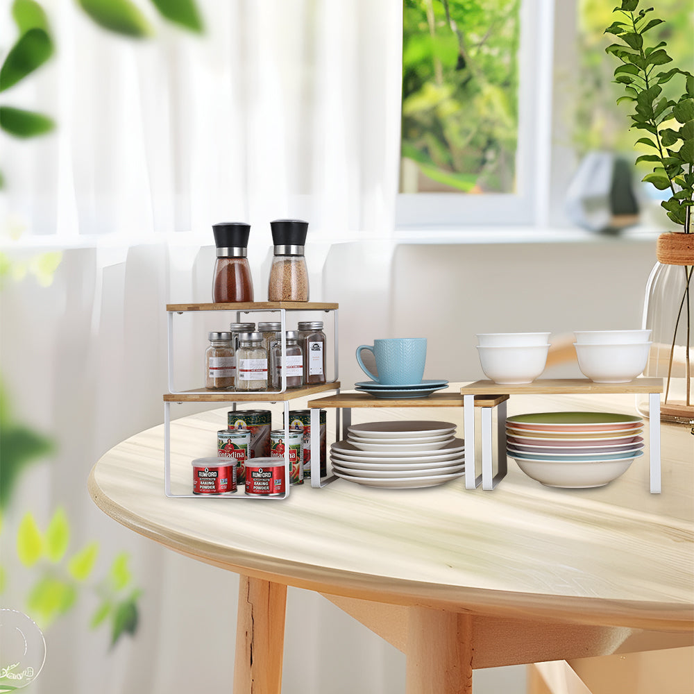 4-Pack Stackable Cabinet Shelf Organizers - White Metal & Wood Kitchen Counter Storage Shelves