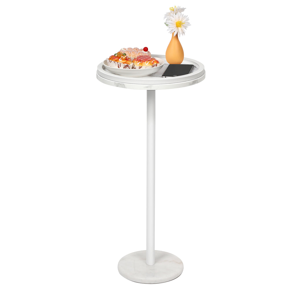 Modern Round Drink Table with Faux Marble Base - Slim Pedestal Side Table for Small Spaces, White,