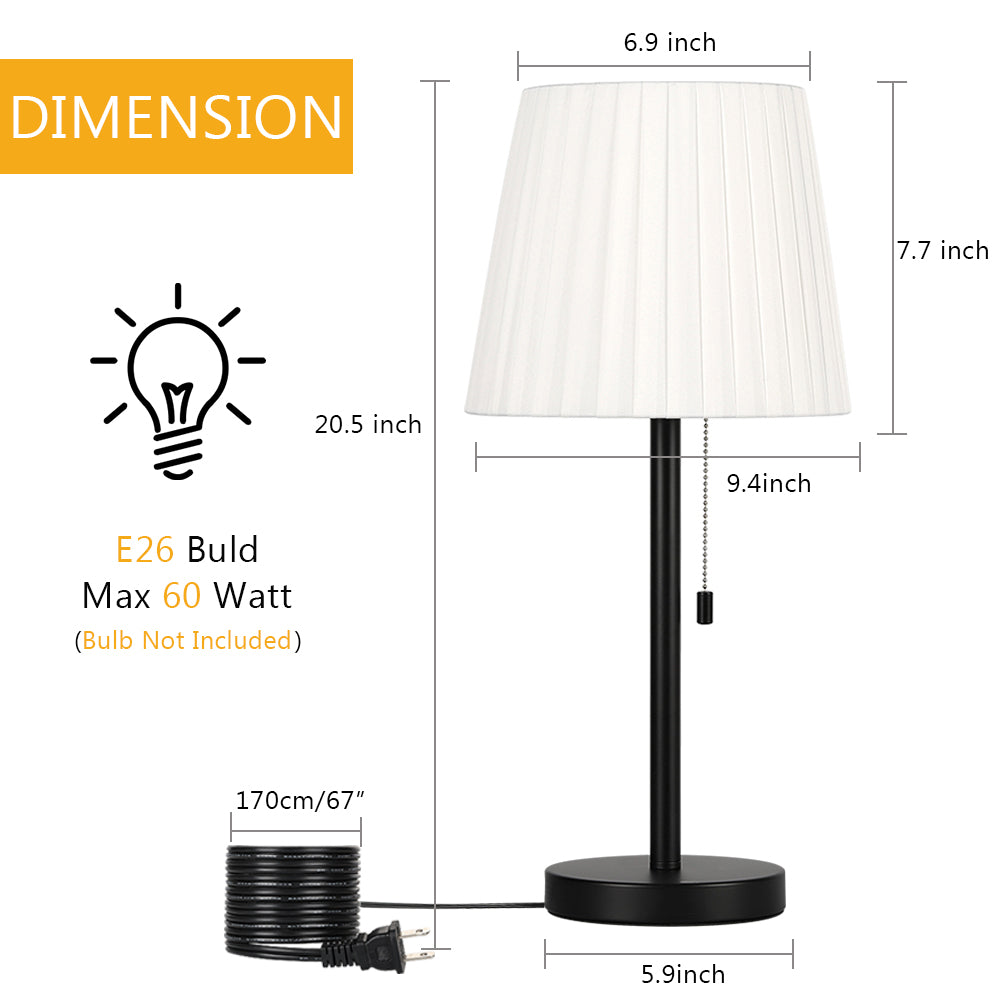 Pair of Dual Nightstand Lamps with Cloth Shades, Steel Foundations, and Integrated Pull Cords for Bedside and Living Area Lighting
