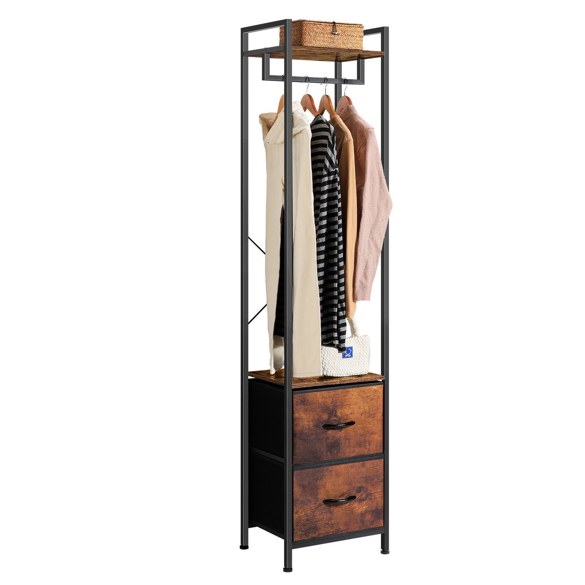Heavy Duty Garment Rack (3 Tiers) - Freestanding Clothing Rack with 2 Fabric Drawers & Storage Shelves