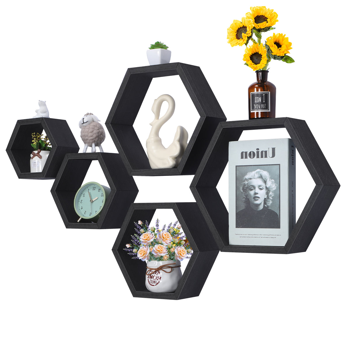 Set of 6 Black Hexagon Floating Shelves - Rustic Wood Honeycomb Wall Mounted Home Decor Storage