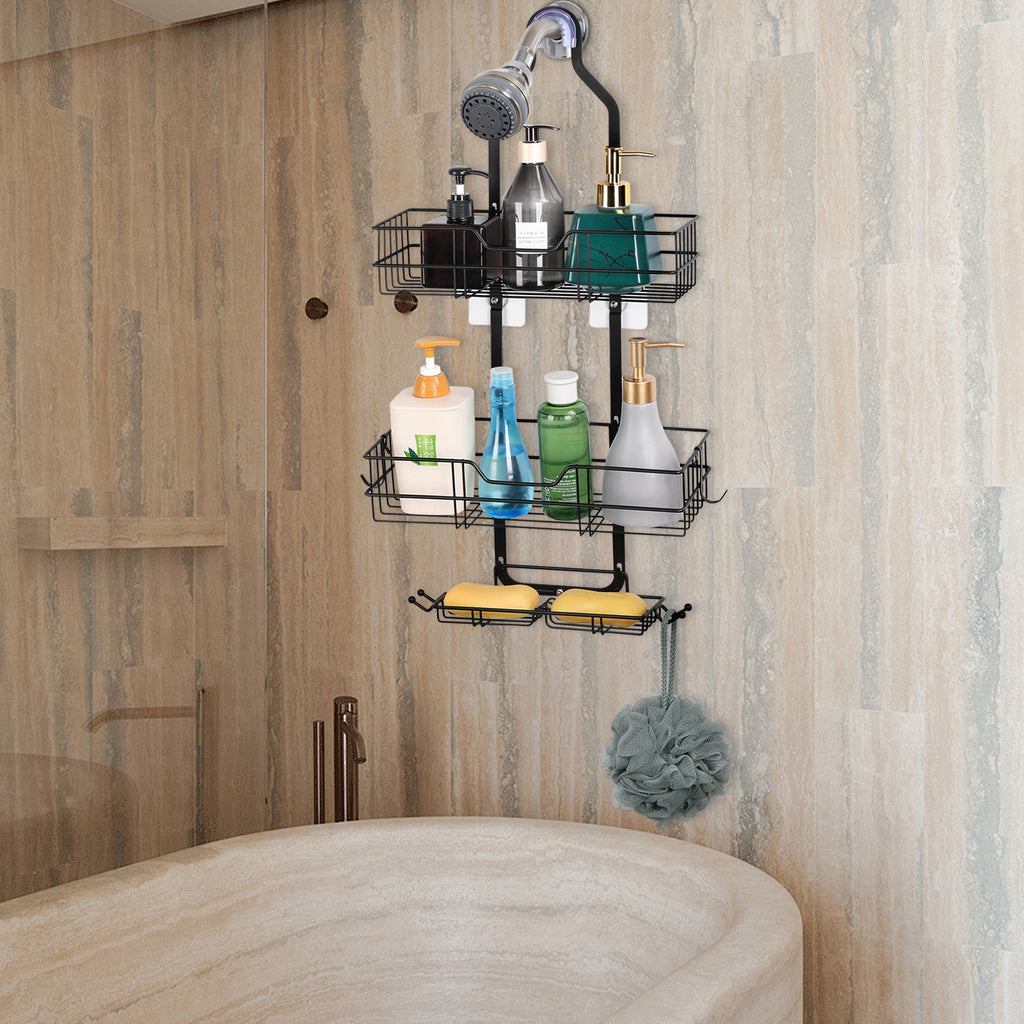 3-Tier Hanging Shower Caddy, Over the Shower Head Bathroom Organizer with Soap Dish & Hooks