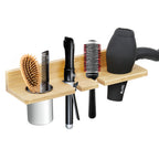 Wall Mount Bamboo Hair Dryer Holder, Multi-Slot Hair Styling Tool Storage Organizer, Hanging Bathroom Caddy for Blow Dryer, Curling Wand, Hair Brush with Detachable Metal Cup