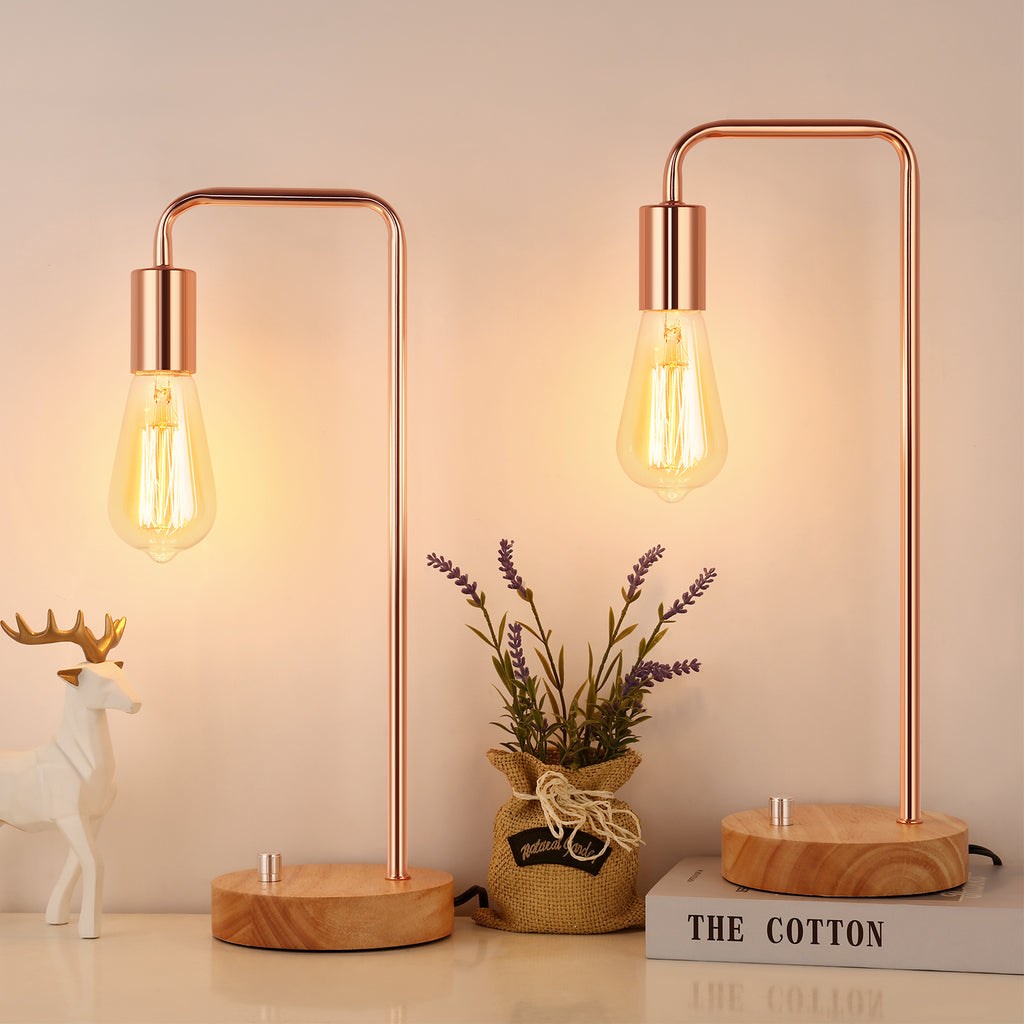 Minimalist Industrial Bedside Table Lamps 2 Pack, Rose Gold Curved Arch Metal Desk Lamp, Solid Wood Base Dimmable Knob Control Night Light, Vintage Edison Lamp Holder for Bedroom Nightstand, Reading Desk, Apartment Decor