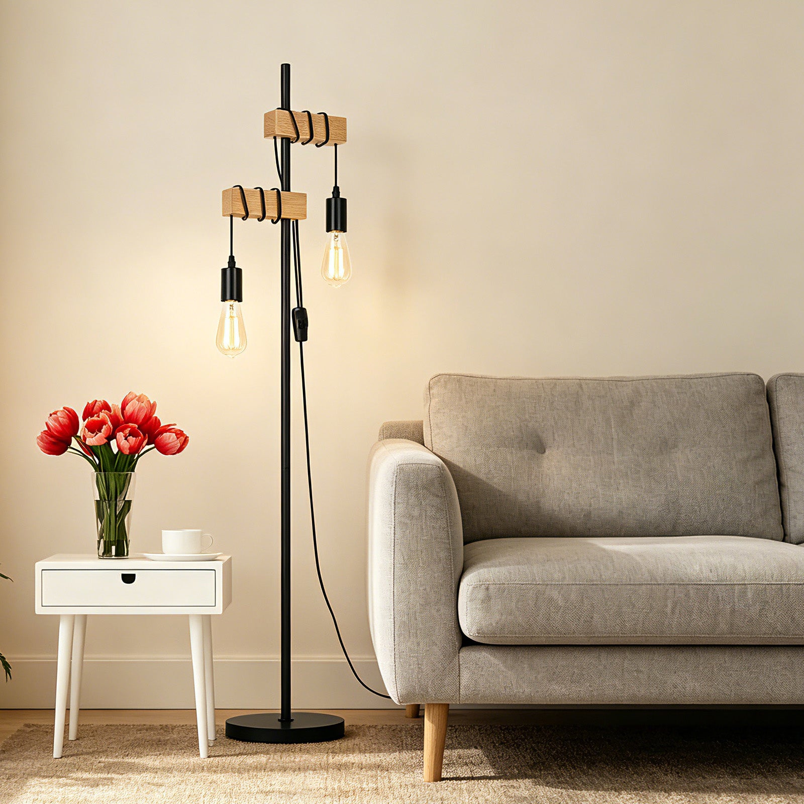 3-Piece Lighting Collection: Includes 66" Industrial Floor Lamp, 3-Light Ceiling Fixture, and Bedside Table Lamp with Dual USB Ports (Bulbs Not Included)