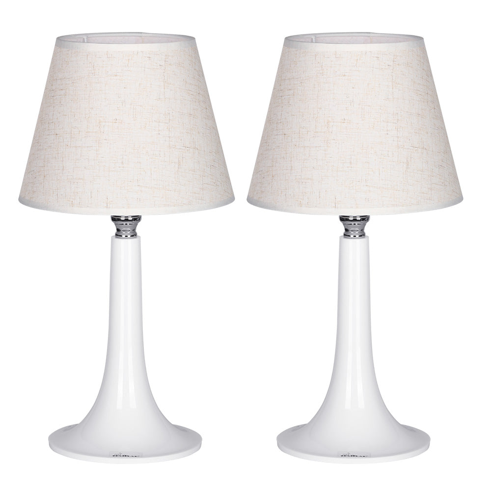 Pair of Contemporary White Table Lamps with Clear Acrylic Bases and Cloth Shades, Versatile Small Nightstand Lights for Kids' Rooms, Offices, or Bedrooms
