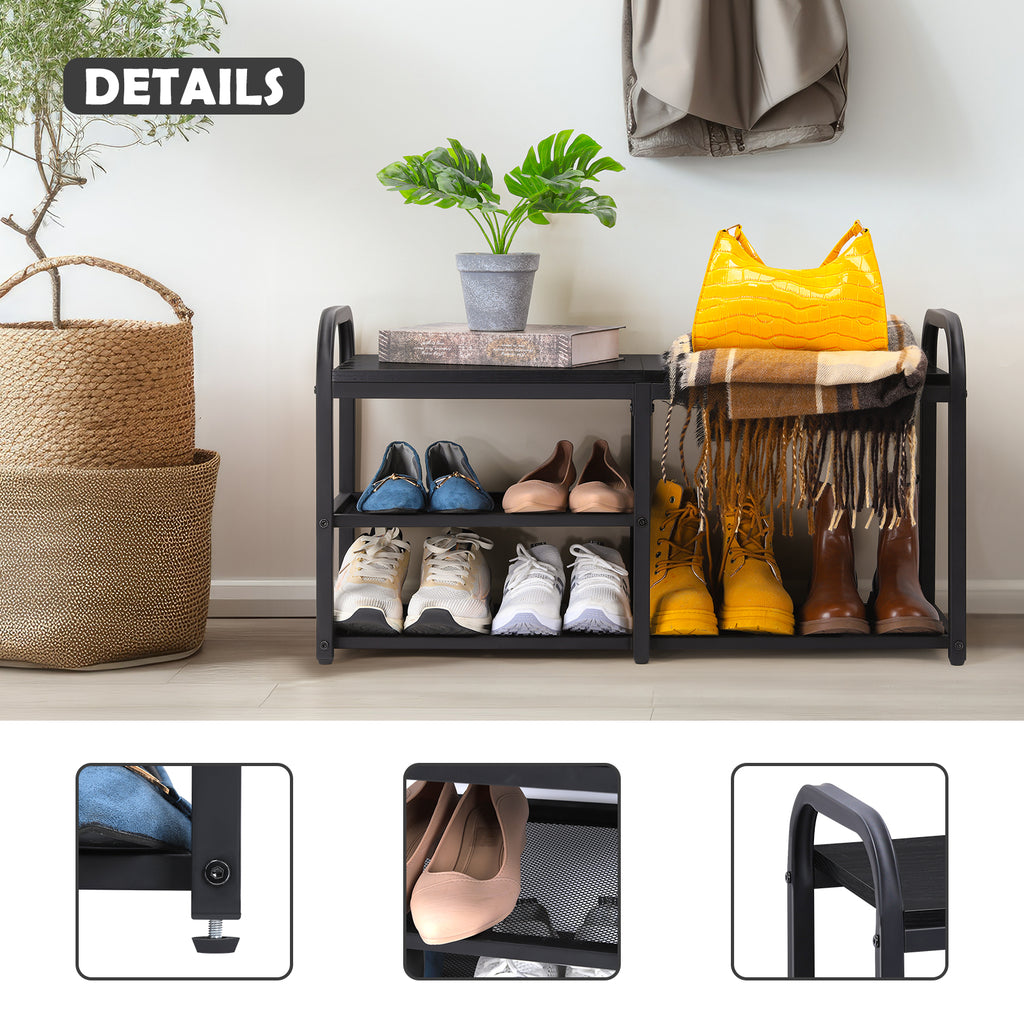 Industrial Shoe Rack Bench with Mesh Shelves - Entryway Storage Bench for Hallway & Mudroom, Black