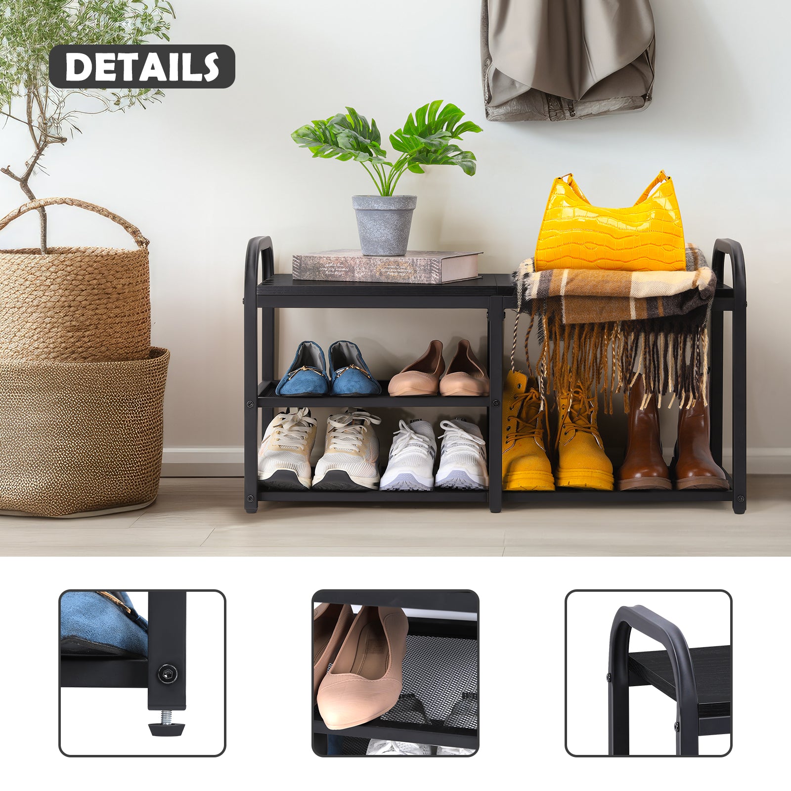 Industrial Shoe Rack Bench with Mesh Shelves - Entryway Storage Bench for Hallway & Mudroom, Black
