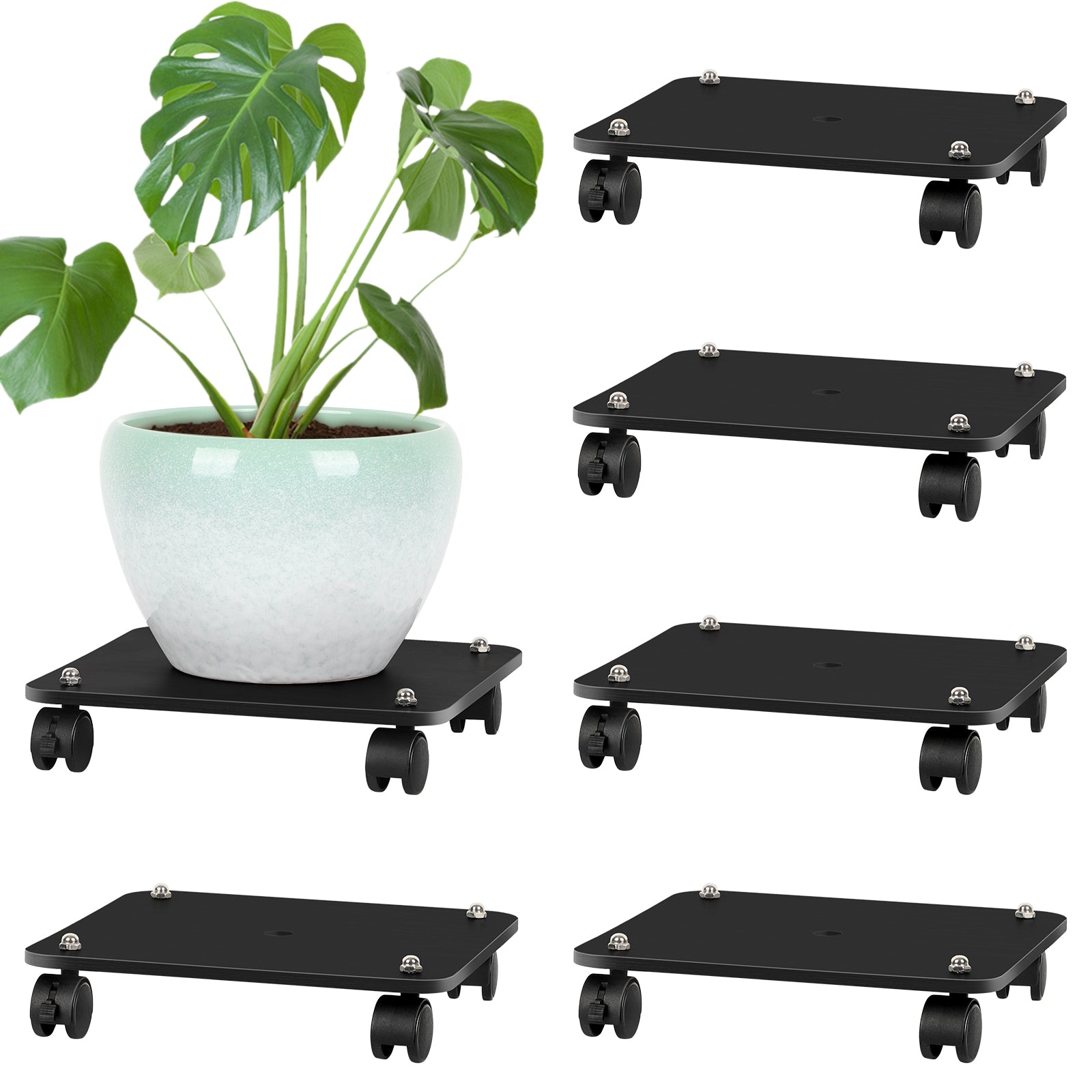 6 Pack Rolling Plant Stand With 360¡ã Wheels, Wood Plant Caddy Heavy Duty Potted Plant Base With Lockable Caster, Square Flower Pots For Garden Planter Indoor Outdoor Patio (Black/Wood Color)