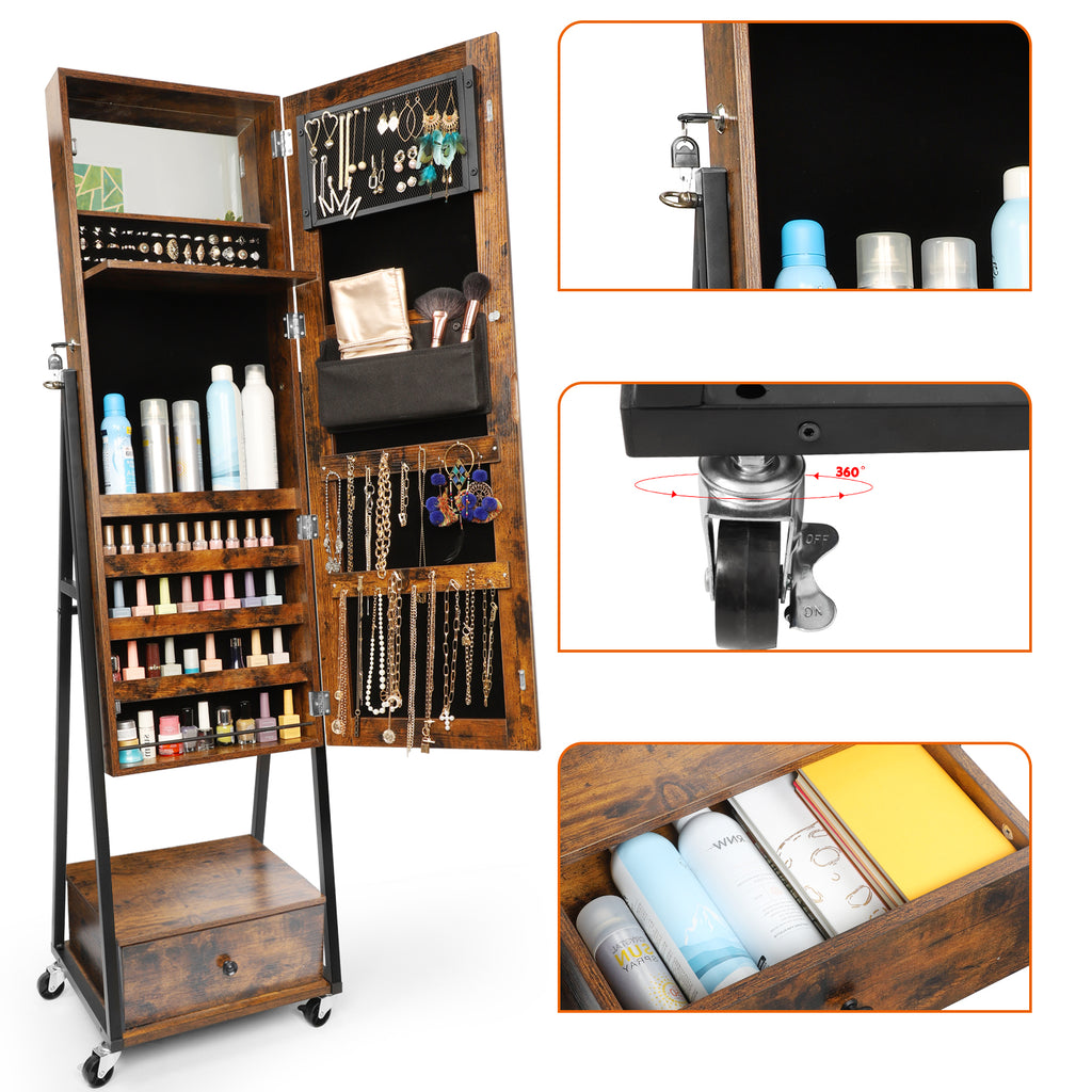 Floor Standing Jewelry Cabinet Armoire - Large Capacity Storage with Interior Mirror and Drawer