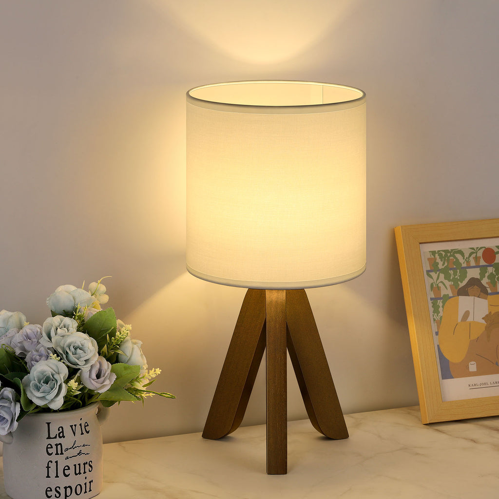 Compact Tripod Base Bedside Light with White Fabric Shade for Kids Rooms and Nursery - Versatile Small Desk Lamp with Brown Base for Bedroom or Study
