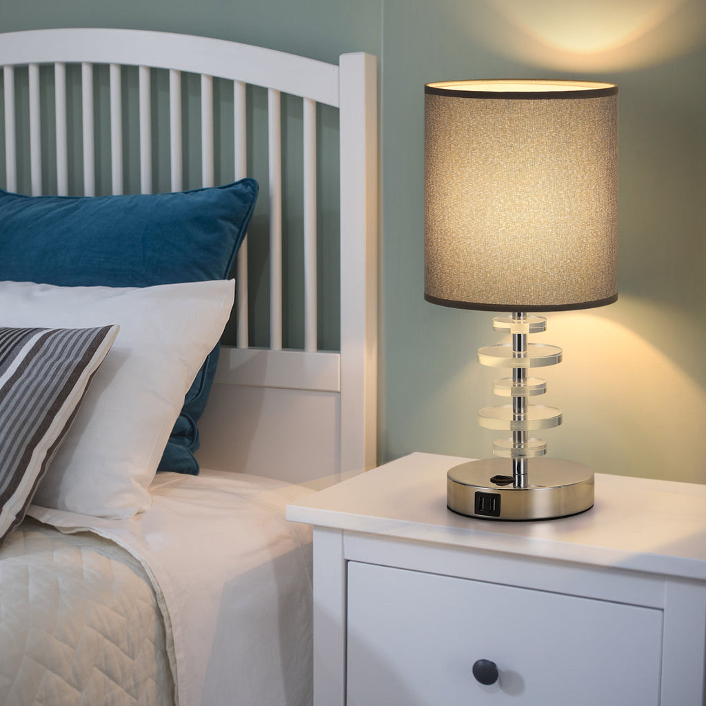 Pair of Crystal Nightstand Lamps with Dual USB Charging Ports and Grey Linen Shades for Bedroom or Office Study